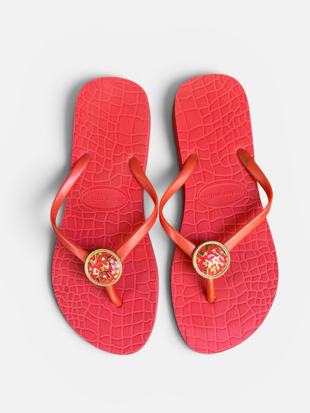 Lindsay Phillips Coral Orange Flip Flops with Gold & Rhinestone Detail Sz US 7